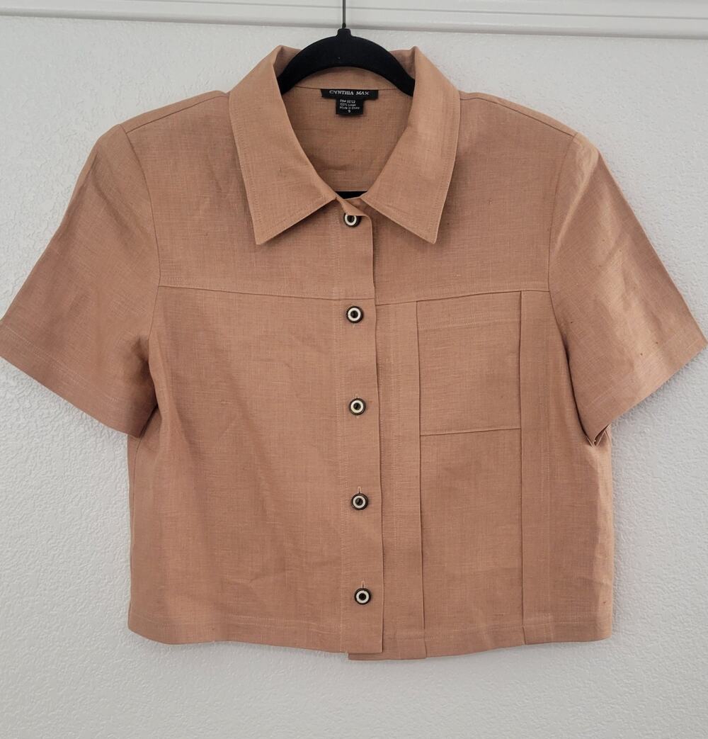 Cynthia Max 100% Linen Button Front Short Sleeve Blouse Top Women's Small Tan